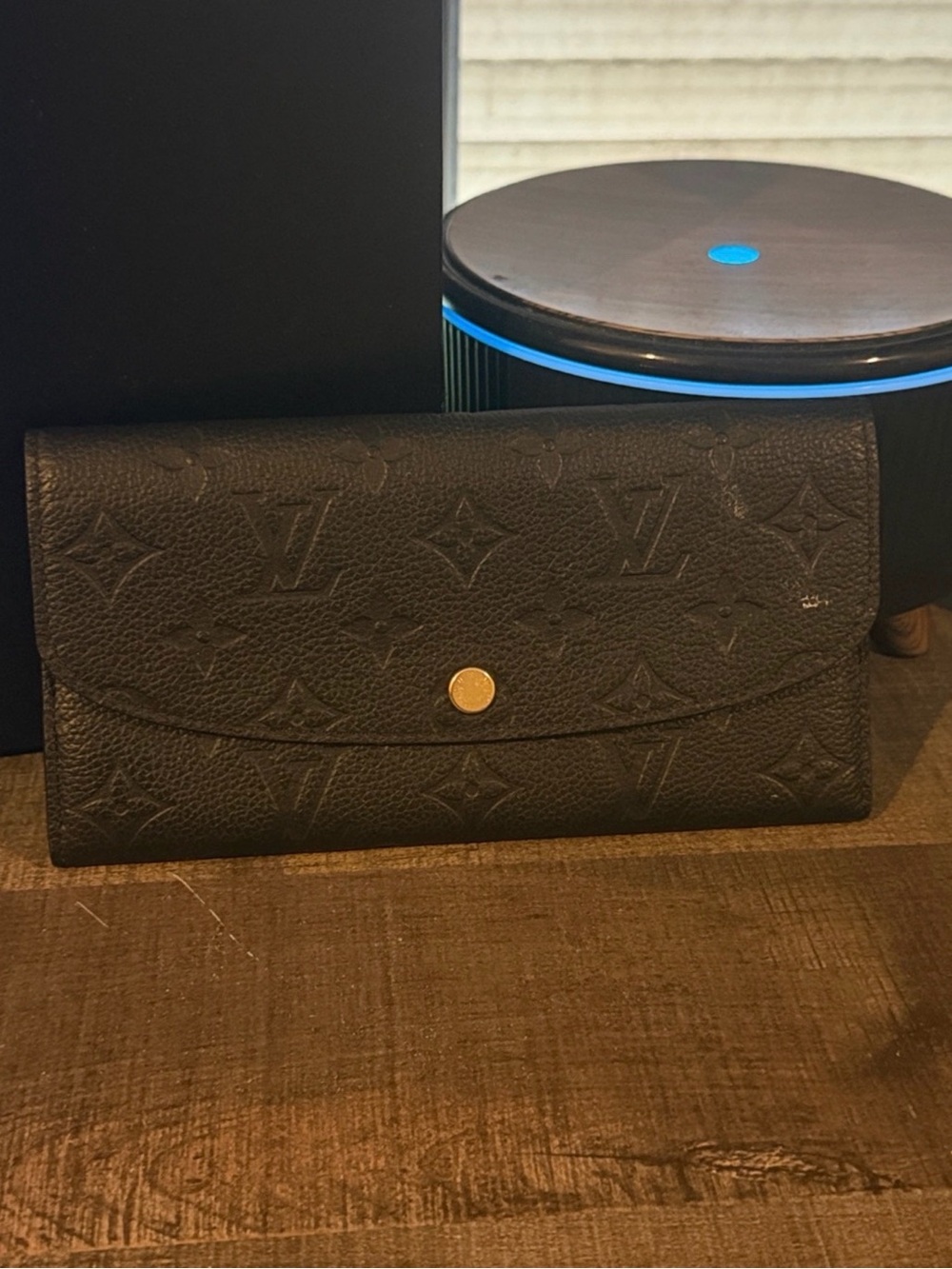 Louis Vuitton Black Embossed Monogram Flap Wallet with Gold Snap